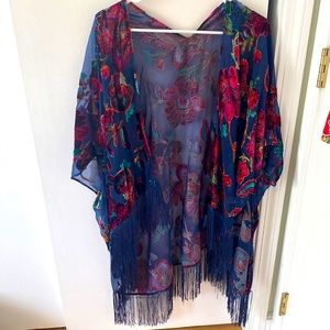 Floral Kimono mesh cardigan with velvet detail
